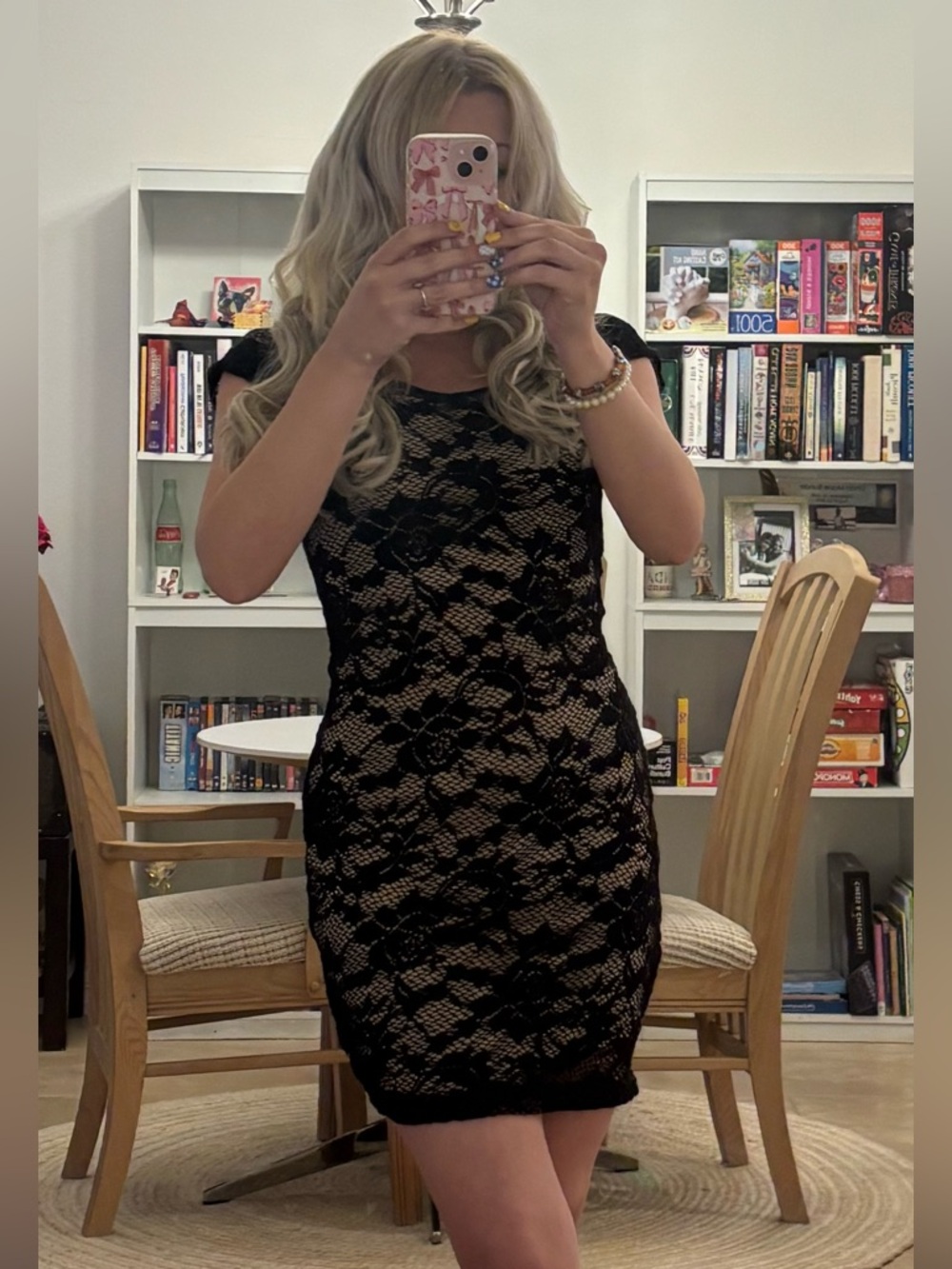 Black Lace Bodycon Mini Dress Nude Lining Size S